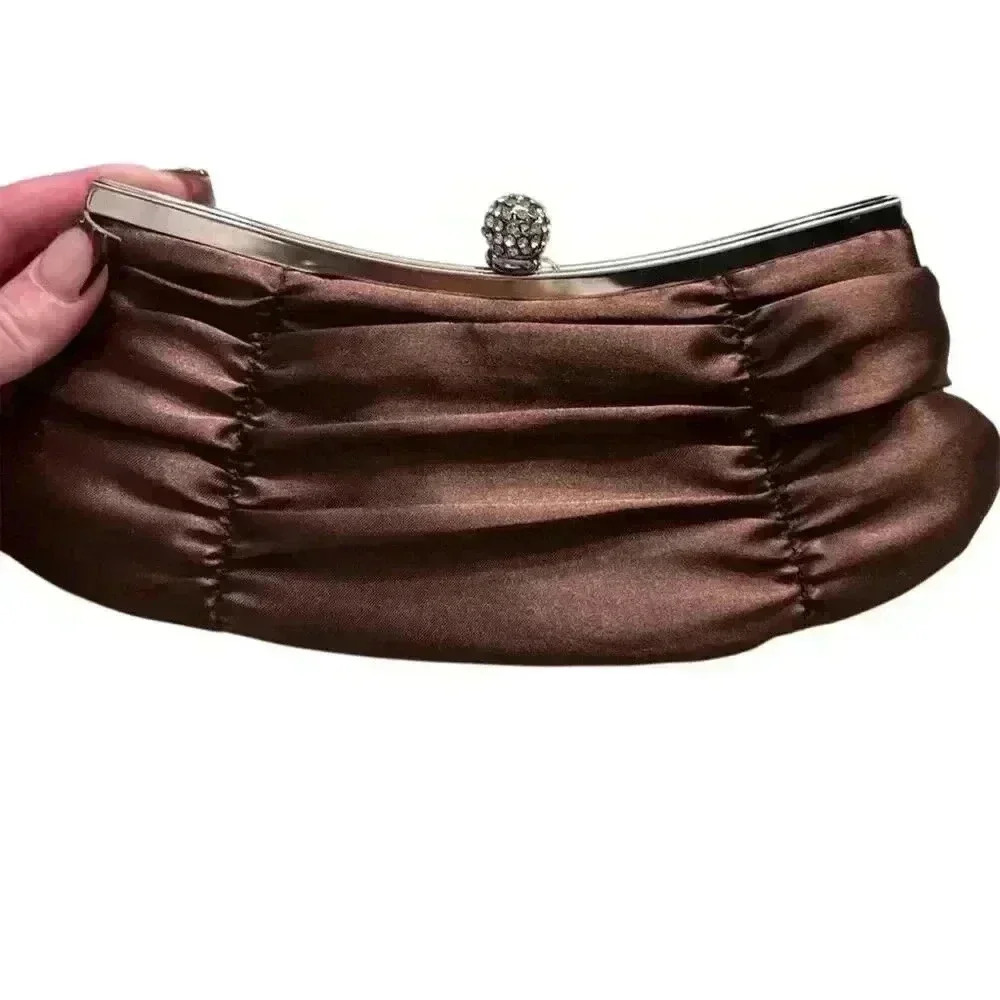Vintage Brown Satin Clutch with Rhinestone Clasp Formal Bag